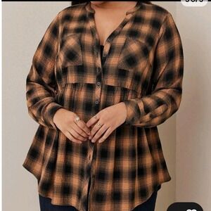 Torrid Plaid Tunic Shirt Dress‎ Beige Black Button Down Long Sleeve Size 6